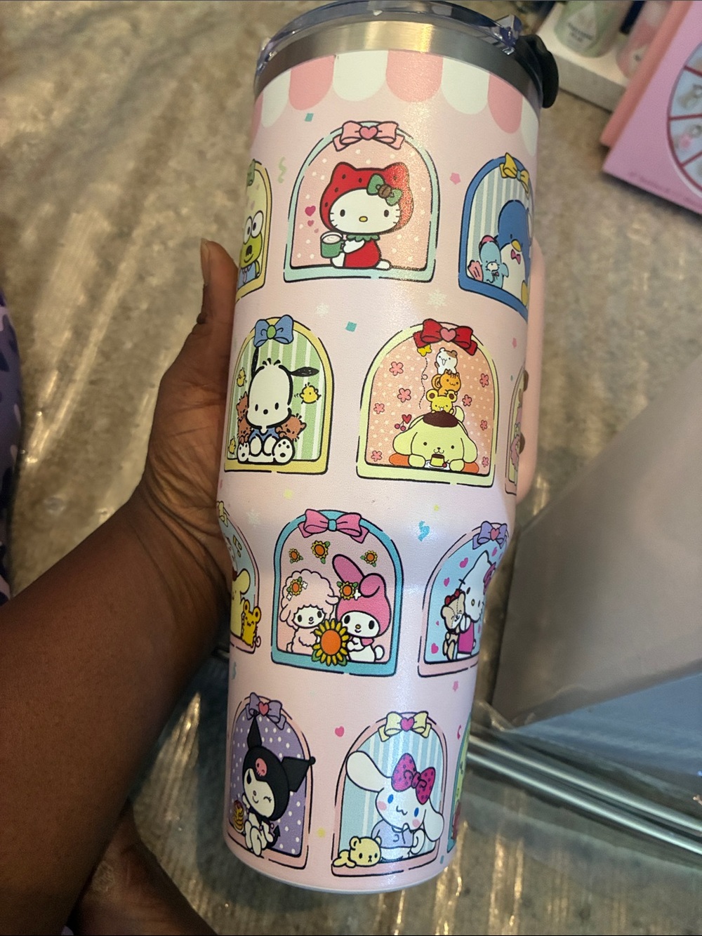 Sanrio Pink Character Travel Tumbler with Clear Lid and Handle - Picture 2 of 4